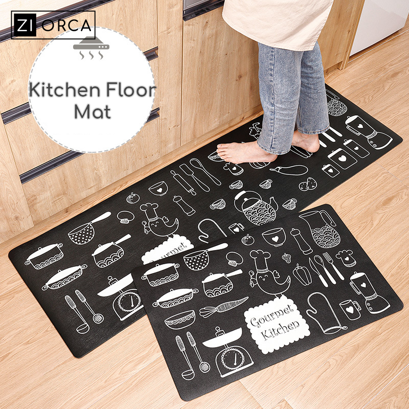 Ziorca PU Leather Kitchen Floor Mats Waterproof Anti Grease Oil Proof Wear Resistant Non Slip Cartoon Japanese Style Household  Long Strip